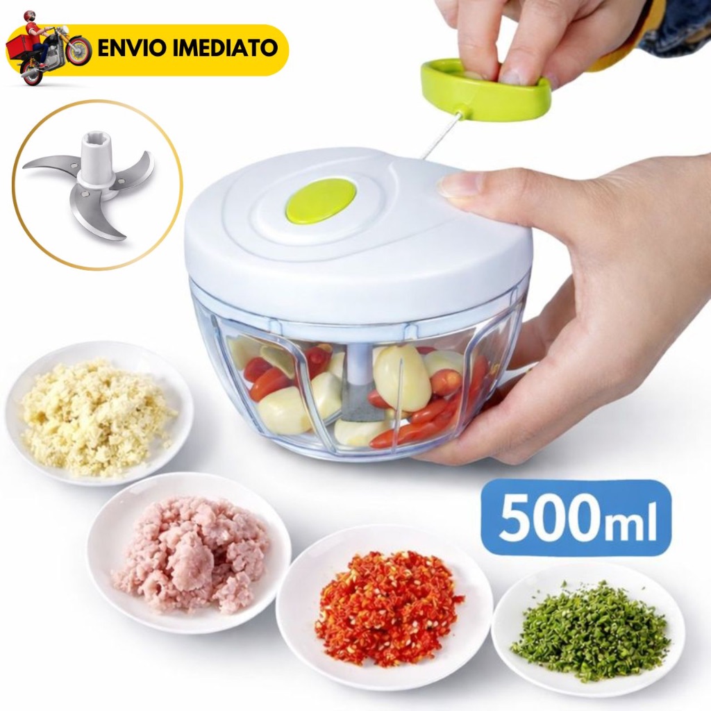 Imagem Mini Processador Manual 500ml 3 Lâminas Triturador Alimentos Pica Cebola Alho Temperos Sem Energia