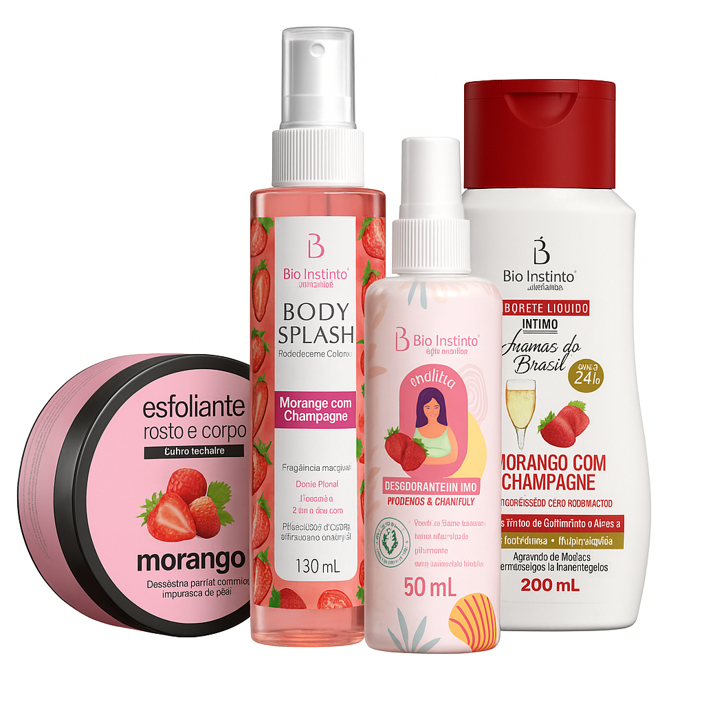 🍓 KIT COMPLETO MORANGO – Body Splash, esfoliante   ,Sabonete Íntimo, Desodorante Íntimo  Doçura, frescor e sensualidade.