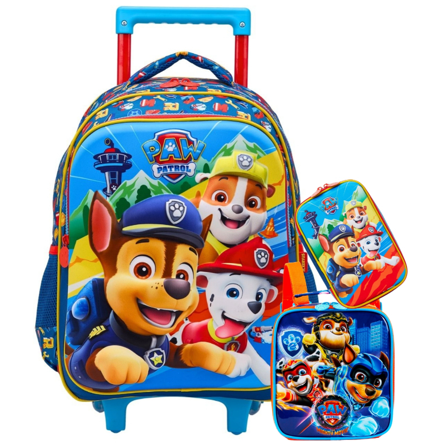 Kit Conjunto Escolar Infantil Paw Patrol Patrulha Canina Mochila Rodinha + Lancheira Térmica + Estojo Box