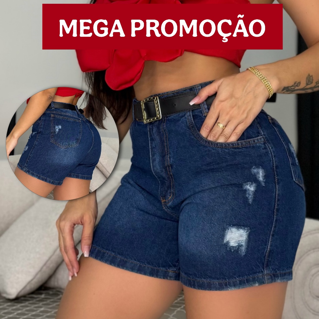 Short Feminino Jeans Cintura alta Com Bolso Atras em Oferta na Shopee