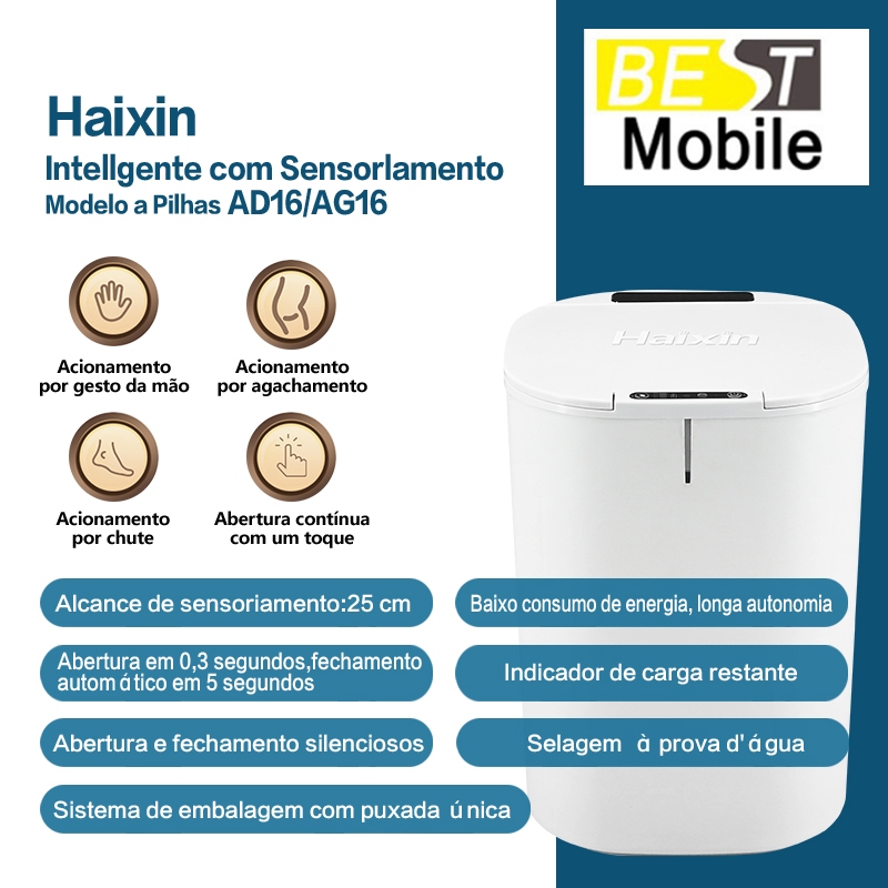 Caixote do Lixo Inteligente, 16 Litros, Com Sensor Inteligente, Alimentado Por Bateria De Lítio e Energia Solar em Oferta na Shopee