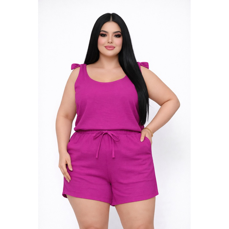Conjunto Feminino plus size moda maior curve de 2 peças  short e blusa de alça moda verão tecido crepe dunas