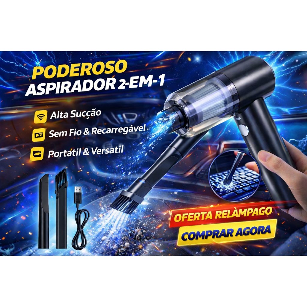 Mini Aspirador Portátil Premium Sem Fio 2 em 1 Alta Sucção USB