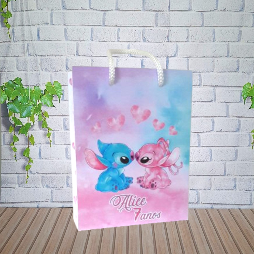 Sacolinha PEGUE E MONTE personalizada Stitch e Angel - Lembrancinhas Stitch e Angel para MENINAS - PEGUE E MONTE