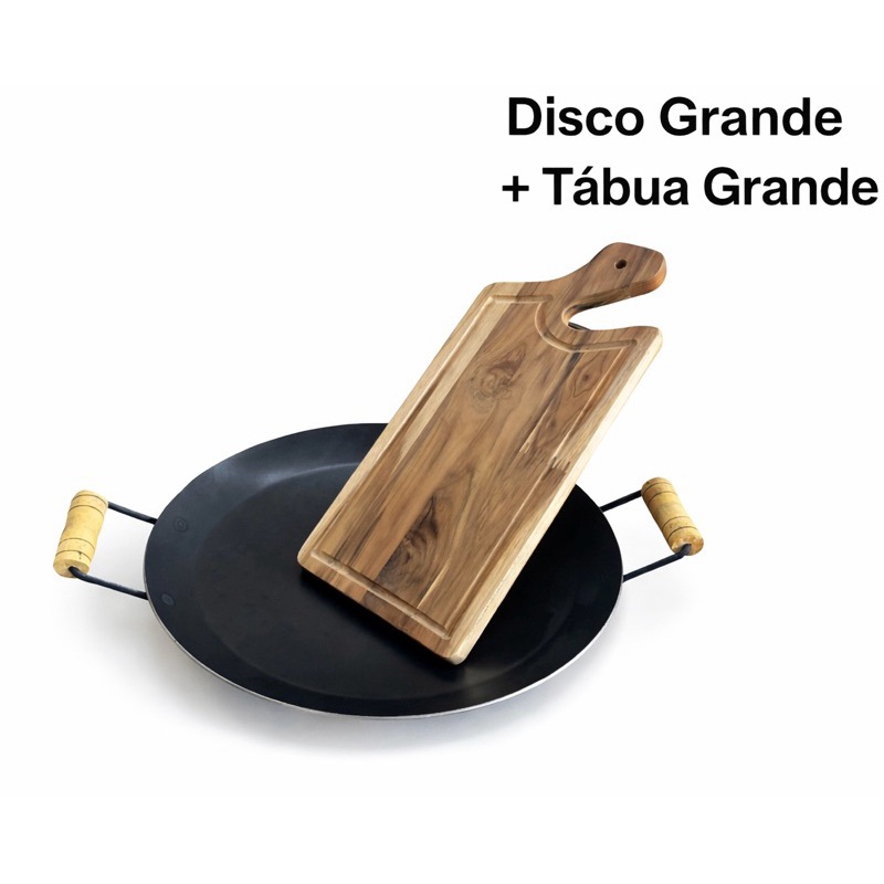 Disco de Arado Grande de Aço Ferro + Tábua Madeira  Grande Para Churrasco Cortar Carne Chapa Frigideira ou Super Grande