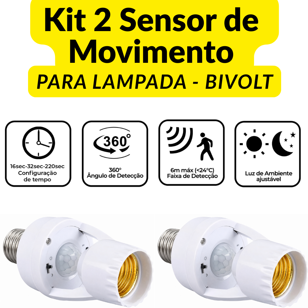 Kit 2 Sensor de Movimento Para Lâmpada Soquete E27 Sensor de Presença Bivolt 110/220