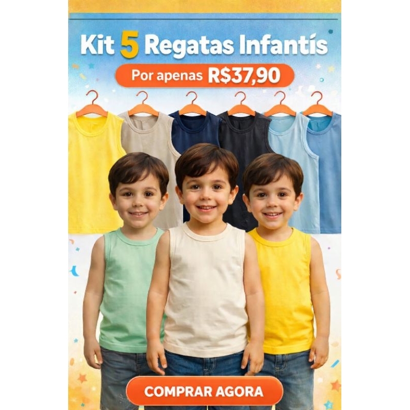 KIT COM 5 REGATAS INFANTIS LISAS – 100% ALGODÃO do 2 ao 8 anos