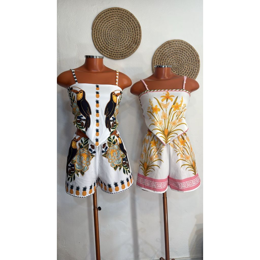 Conjunto lenço feminino blusa ponta bico e short box estampado tucano floral estampas variadas