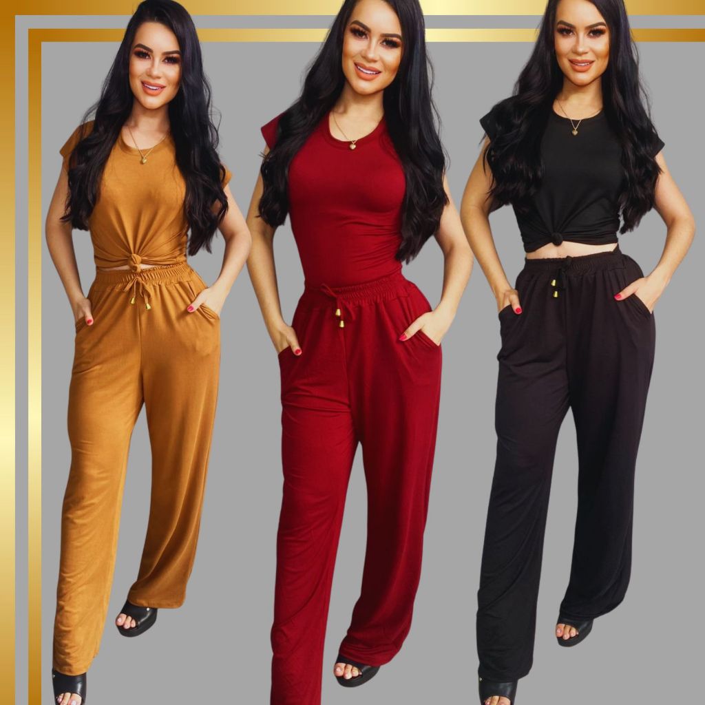 Conjunto Femenino Calça blusa Malha Suede ] Macia e Confortavel Verao Leve e Suave em Oferta na Shopee