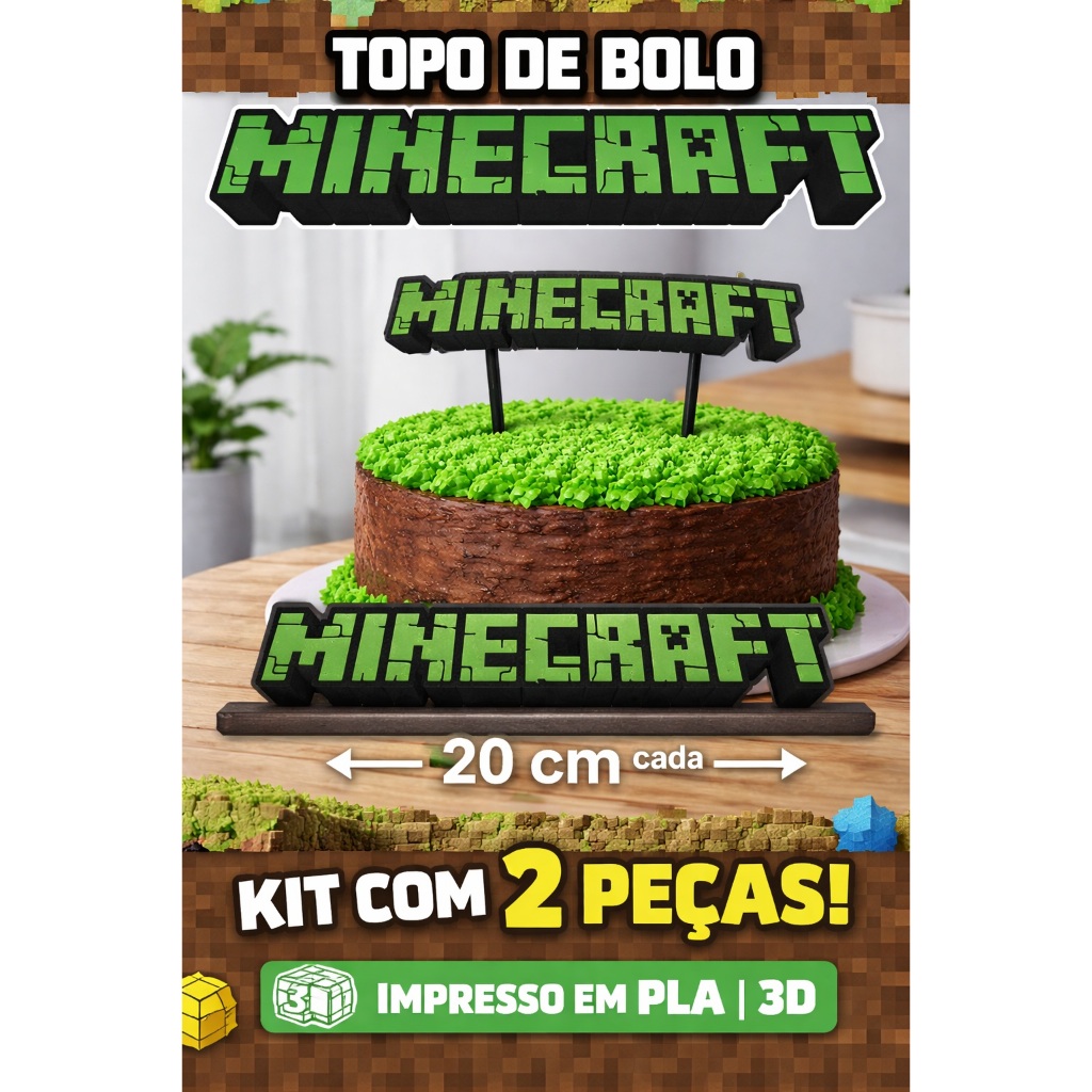 Topo de Bolo + Base de Mesa do Tema Minecraft -  Faça sua festa - Impressão 3d - Minecraft