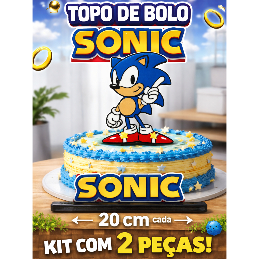 Topo de Bolo + Base de Mesa do Tema Sonic -  Faça sua festa - Impressão 3d - Sonic