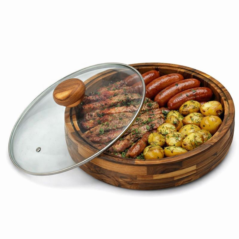 Gamela de Madeira 34cm com Tampa de Vidro Ideal para Churrasco e Servir em Oferta na Shopee