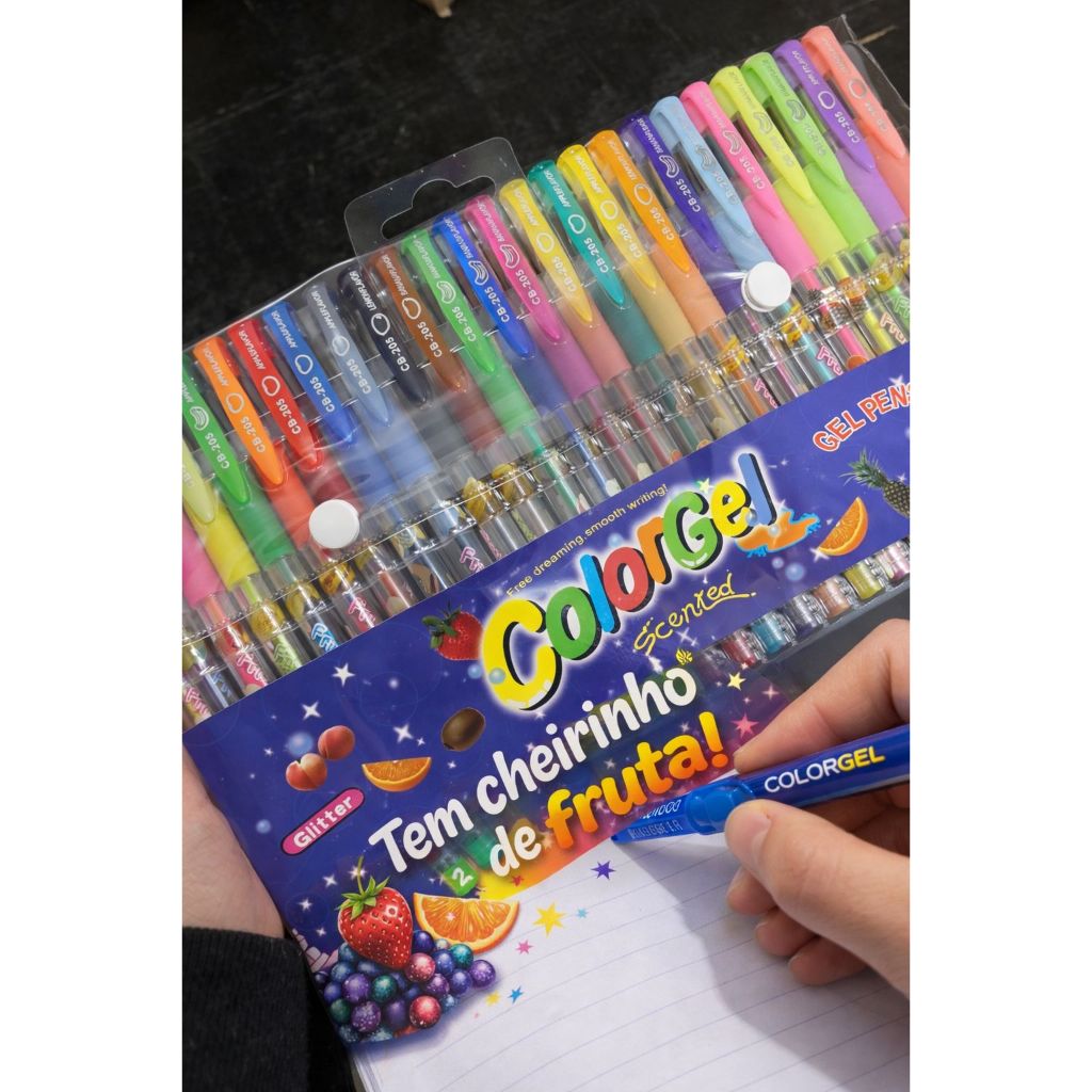 Kit Gel 24 Caneta Colores Perfumada Glitter Canetinha Escola