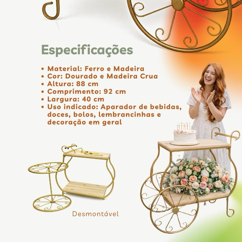 Carrinho De Chá Elegante Bar Café Ferro Madeira Desmontavel Decorão de Festa