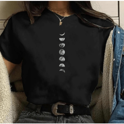 Camiseta Feminina Lua e Suas Fases Blusa estampada preta de algodão Promoção