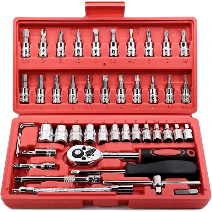 Kit Jogo de Soquete 46 Peças Chave Catraca Reversível Maleta Ferramentas Profissional Carro Moto