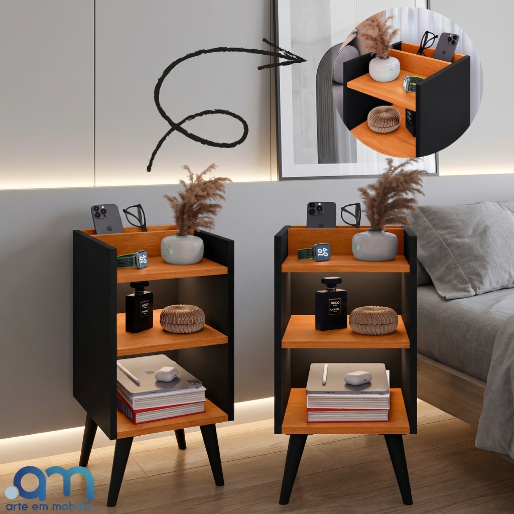 Kit 2 Criados-Mudos Compactos com Porta-Celular e Pés Retrô – Mesa Lateral Moderna