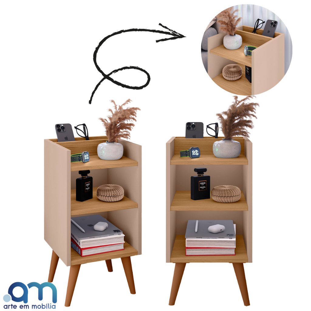 Kit 2 Criados-Mudos Compactos com Porta-Celular e Pés Retrô – Mesa de Cabeceira Lateral Moderna