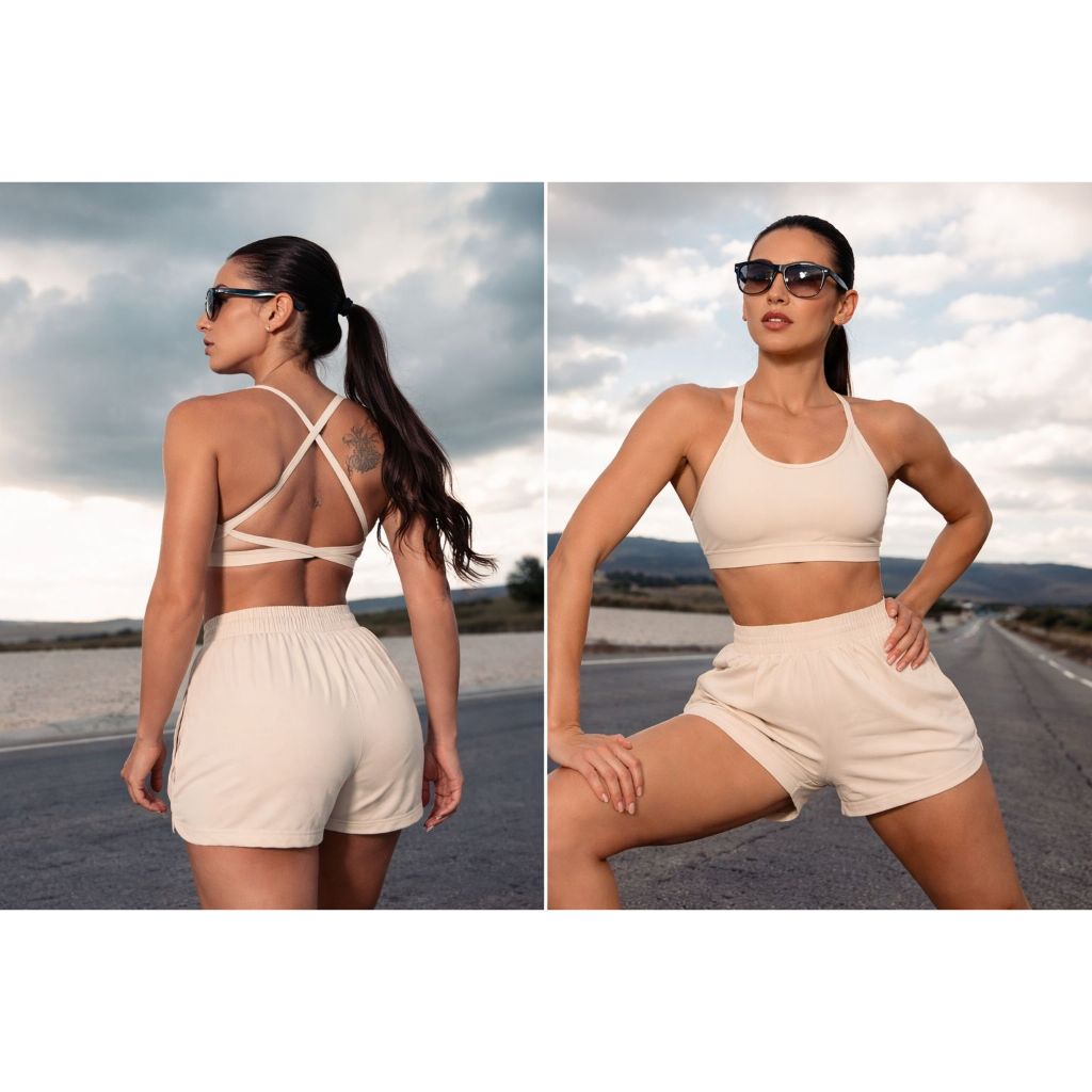 Conjunto Fitness Feminino Short + Top Zero Transparência Bojo Removível UV50 Bolso Academia