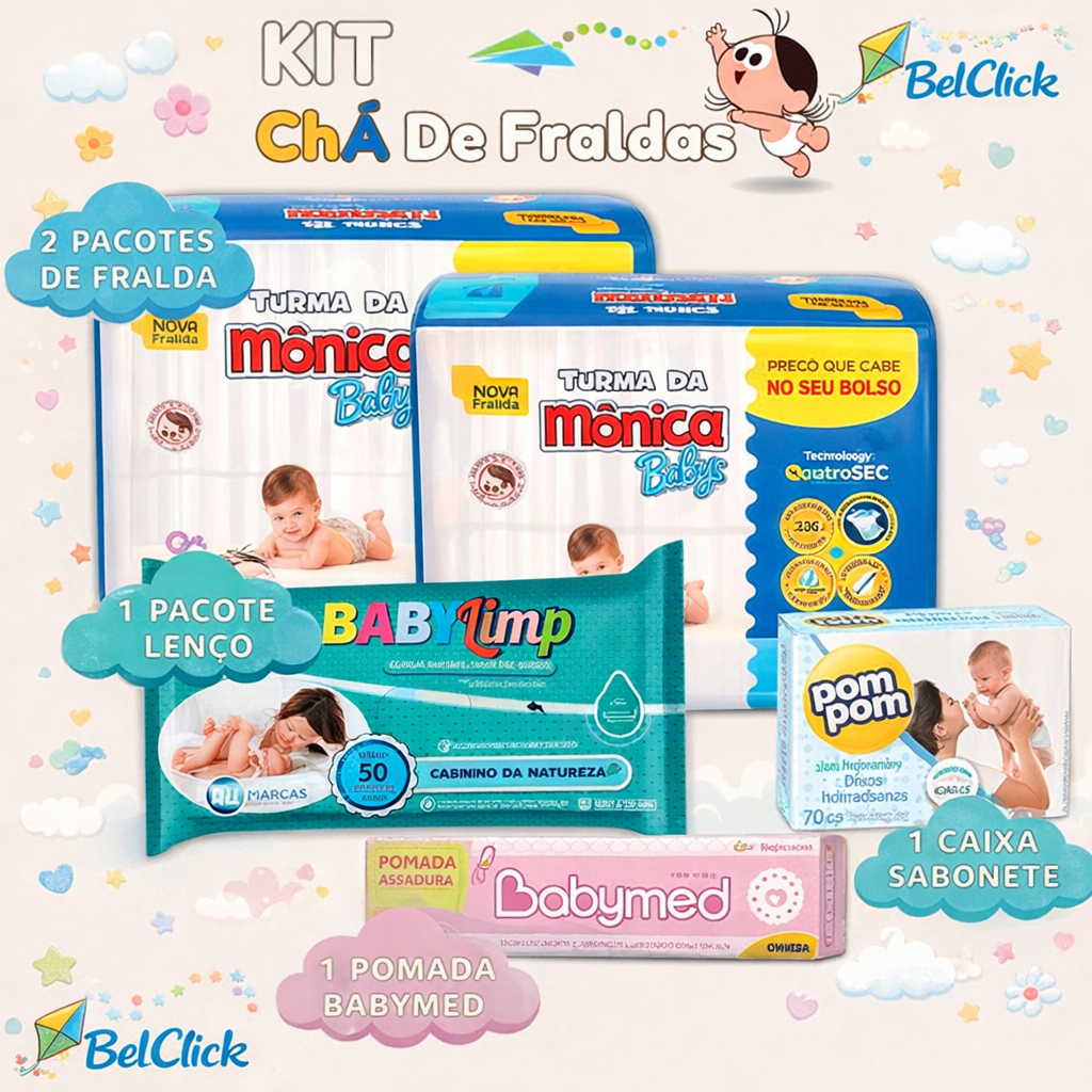 Kit Chá de Bebê 2 Pacote de Fralda Turma da Mônica + 1 Lenço Umedecido + 1 Sabonete + 1 Pomada