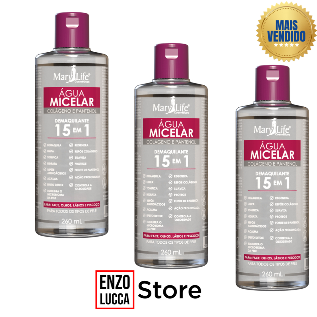 Kit 3 Unid Água Micelar Colágeno e Pantenol 15 em 1 260mL Mary Life