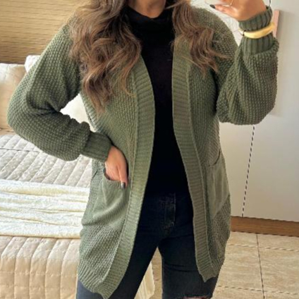 Cardigan Kimono Feminino Tricot Aberto com Bolsos Casaco Elegante Grosso Quentinho Têndencia Inverno