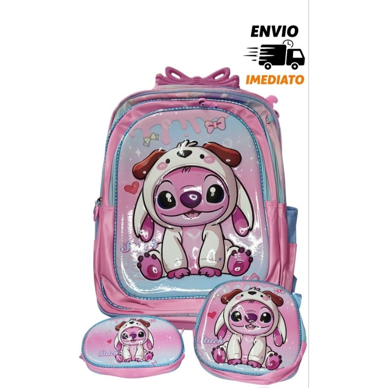 Kit Mochila Escolar Infantil 3D Stich Com Carrinho Lancheira Térmica e Estojo Stich Angel Roblox Patrulha Canina