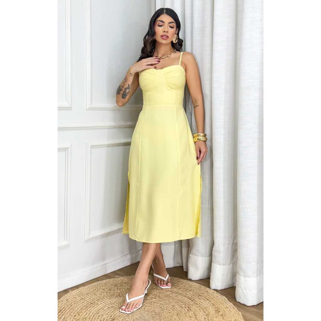 Vestido Midi Feminino Linho Modas Yumi Elegante com Fenda Alças Reguláveis Bojo Forrado Moda Verão em Oferta na Shopee