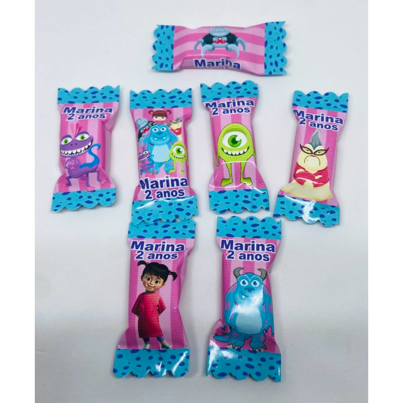 50 balas personalizadas para festa infantil Lembrancinhas - Monstros S.A rosa  (Personalizamos com o nome e a idade