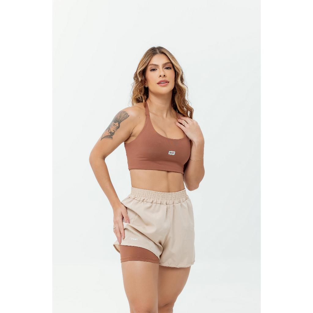 Conjunto Fitness Feminino Short Duplo Tactel e Poliamida Top Alças Cruzadas Treino Academia Set