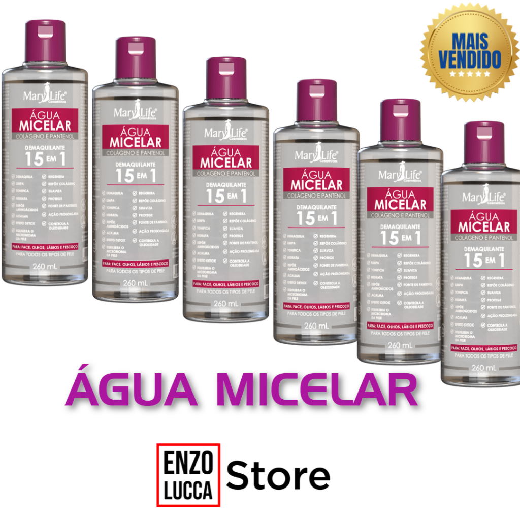 Kit 6 Unidades Água Micelar Colágeno e Pantenol 15 em 1 260mL Mary Life em Oferta na Shopee