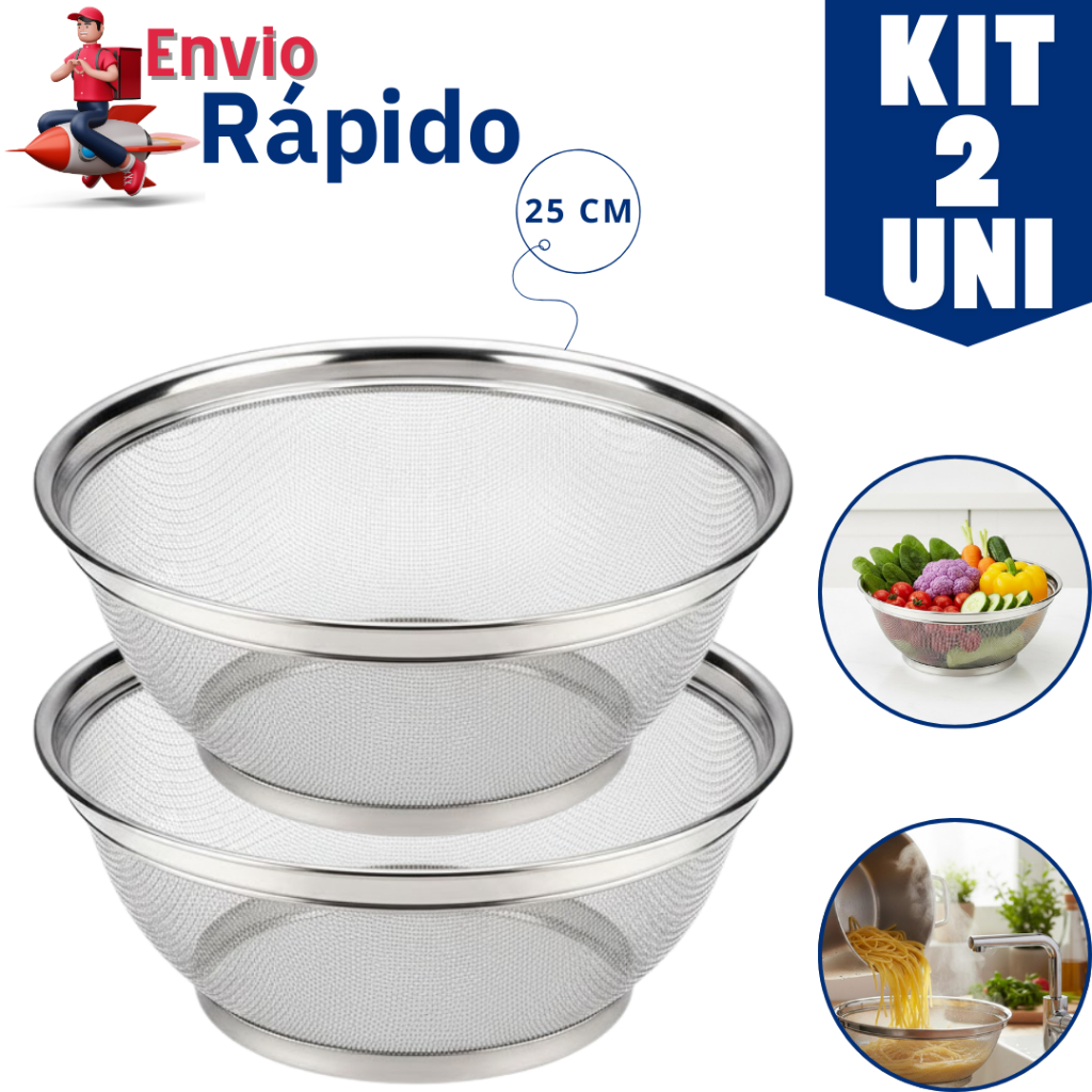 Kit 2 Cestos Escorredor Multiuso Peneira Aço Inox 25 cm Ideal Para Lavar Saladas Escorrer Macarrão Frituras