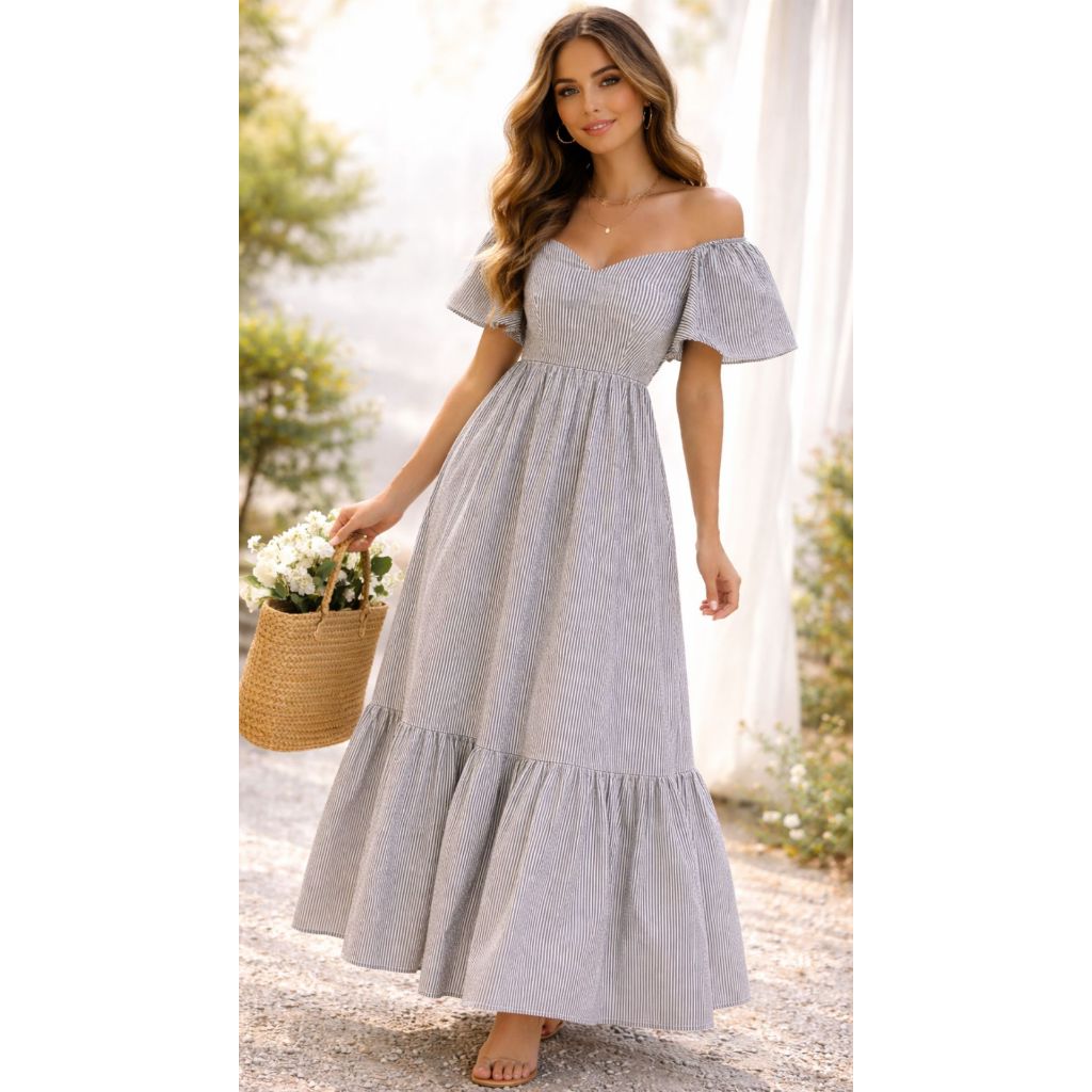 Vestido feminino longo estampado listras preto e branco ciganinha poliéster algodão
