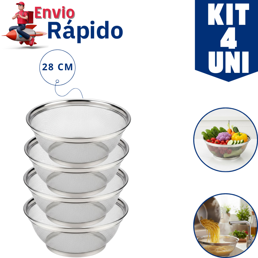 Kit 4 Cestos Escorredor Multiuso Peneira Aço Inox 28 cm Ideal Para Lavar Saladas Escorrer Macarrão Frituras