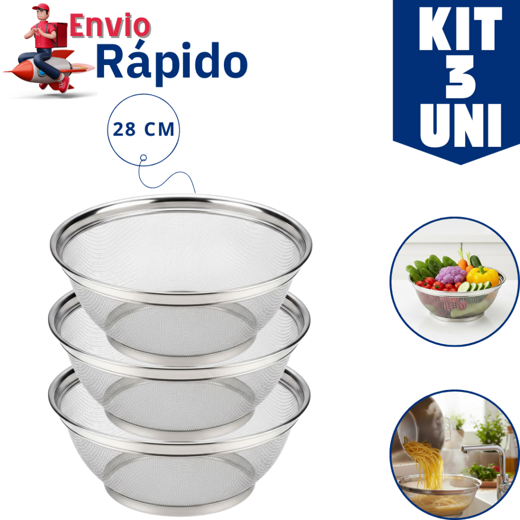 Kit 3 ou 1 Cestos Escorredor Multiuso Peneira Aço Inox 28 cm Ideal Para Lavar Saladas Escorrer Macarrão Frituras