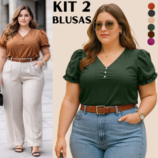 BLUSA PLUS SIZE FEMININA KIT 2 BLUSAS FEMININAS MODA SOCIAL BASICA GRANDE BLUSAS ESTILOSA VERSATIL ALTA QUALIDADE em Oferta na Shopee