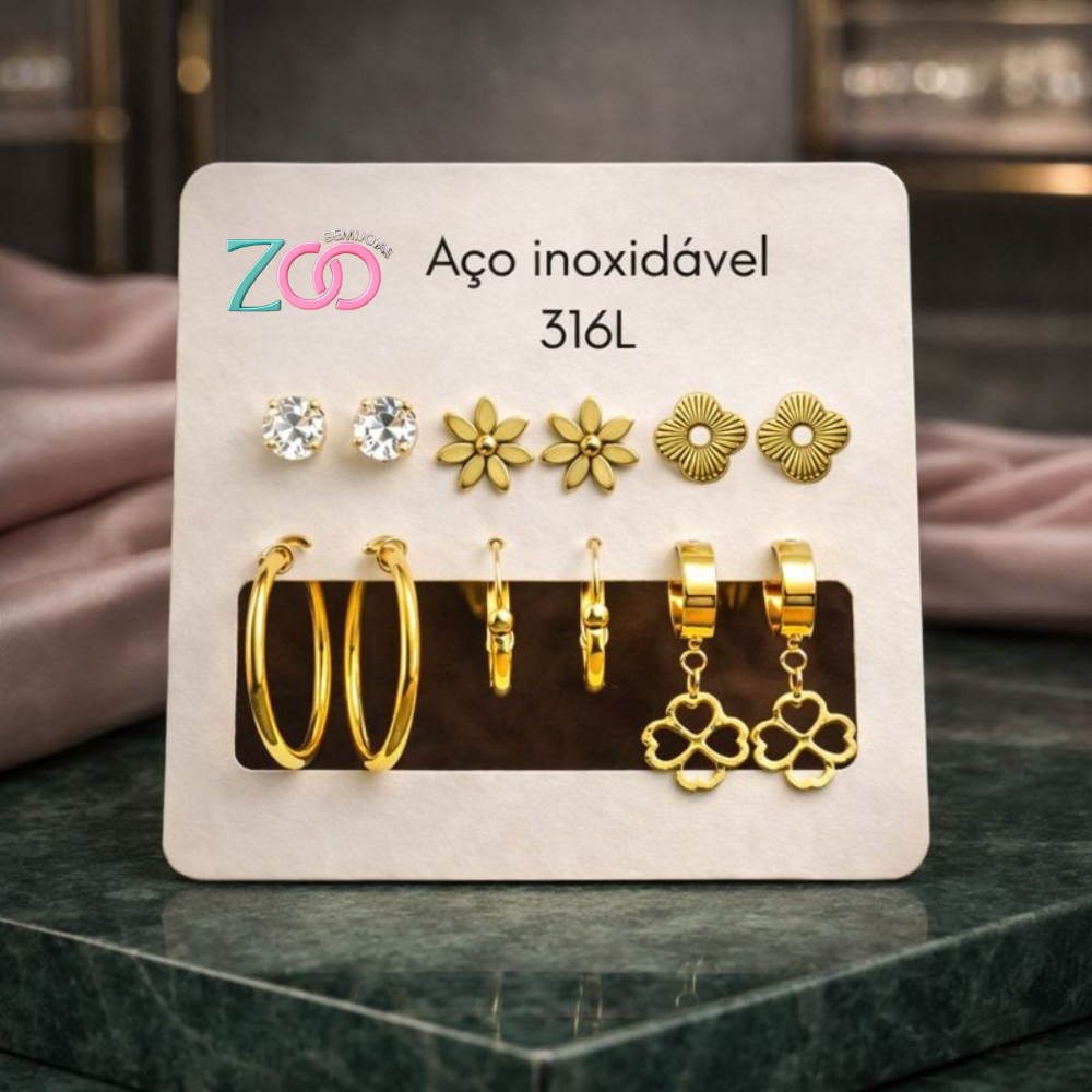 Brincos Femininos Aço Inox 316L Não Oxida Antialérgico Kit 6 Pares