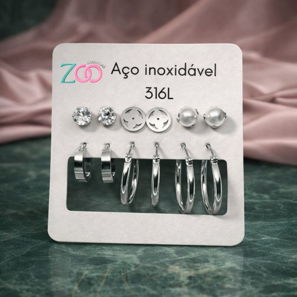 Brincos Femininos Aço Inox 316L Não Oxida Antialérgico Kit 6 Pares em Oferta na Shopee