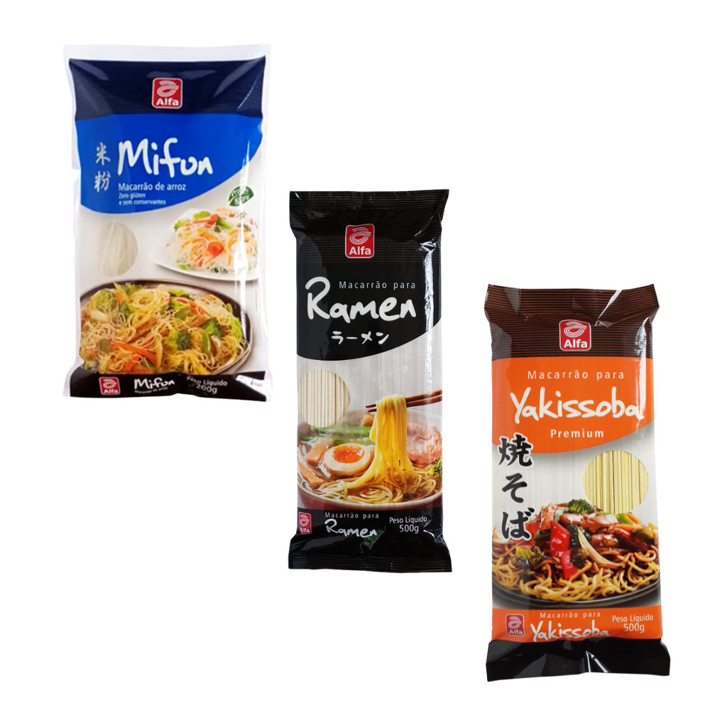 Kit 3 massas orientais: yakissoba, mifun e ramen