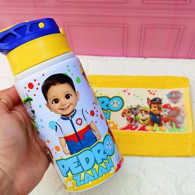 Kit Garrafa + 2 toalinhas Garrafa infantil 500 ml com canudo/escolar/Bico Retrátil de silicone