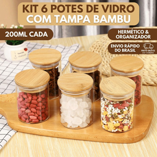 Kit 6 Potes de Vidro 200ml com Tampa Bambu Hermética - Porta Mantimentos Pequeno para Especiarias e Grãos em Oferta na Shopee