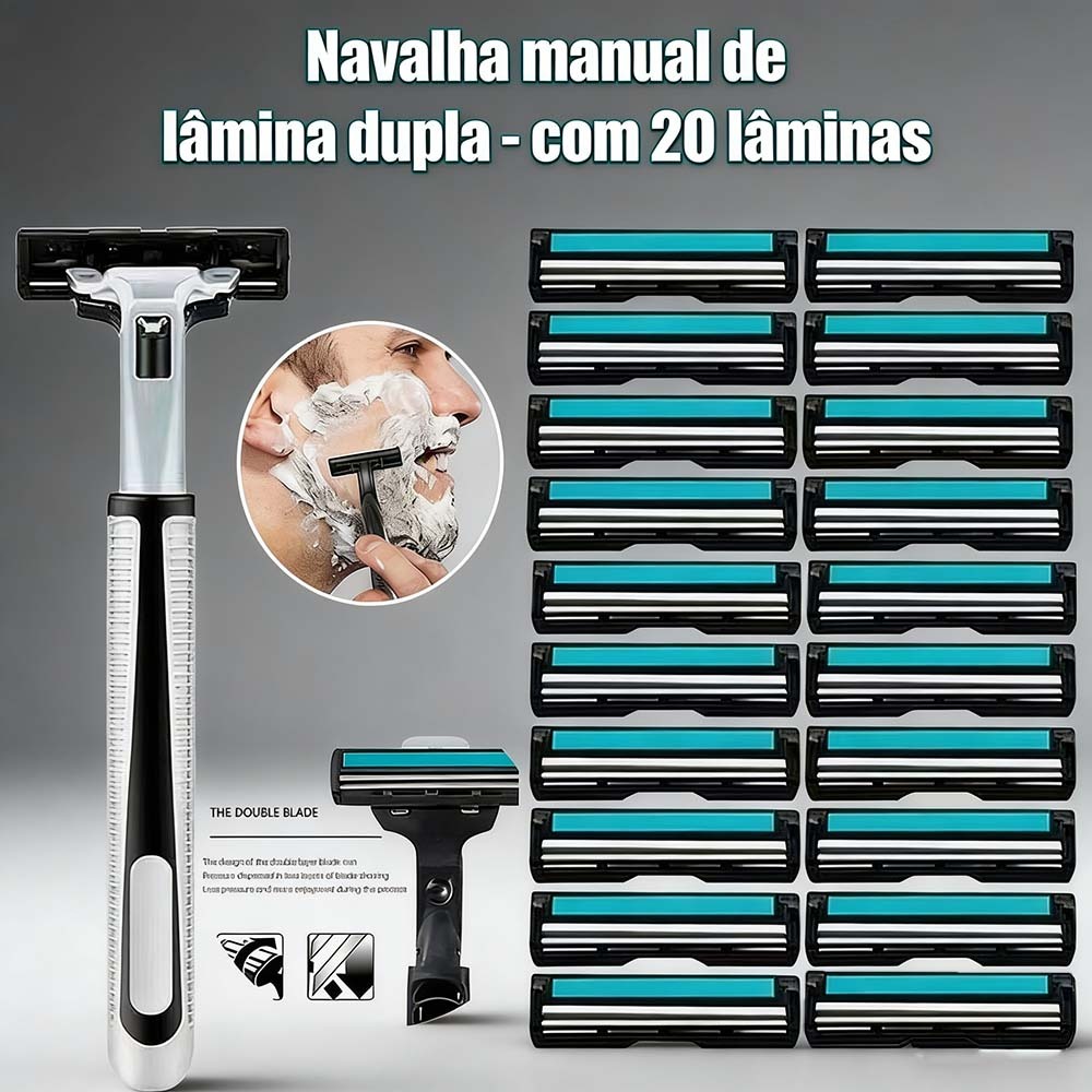 Aparelho de barbear manual de lâmina dupla (inclui 20 refis) - Fácil de usar e limpar！
