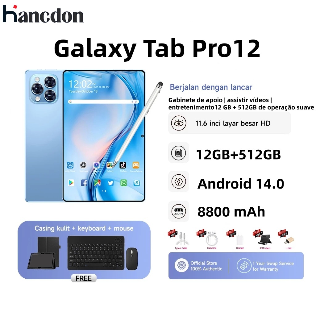 Hancdon Galaxy Tab Pro12 Tablet 12gb Ram 512gb Tela 11.6” HD Android 14 Bateria 8800mAh 24mp+48mp Tablet Pc Jogos — R$ 1.009,00 em Shopee, 36% OFF