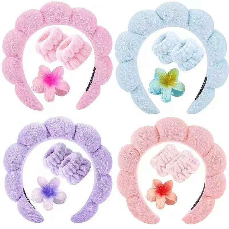 SPA SKINCARE - 3 ITENS Tiara Nuvem + Faixa de pulso + Presilha de Flor Havaiana Perfeita Para Lavar O Rosto Mulheres