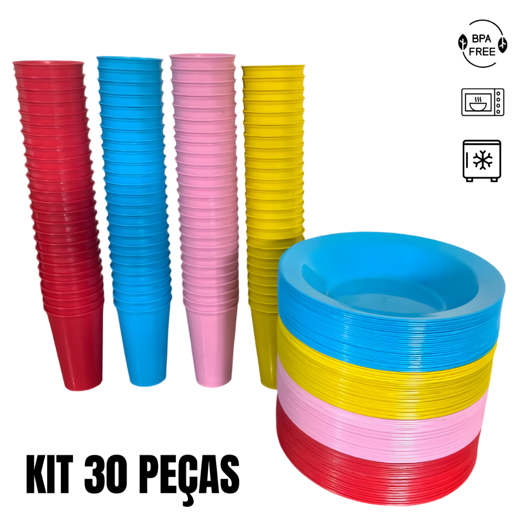 Kit 30 Unidades Copos 350ML e Pratos Fundos Redondos de Plástico Para Refeições e Alimentação em Oferta na Shopee