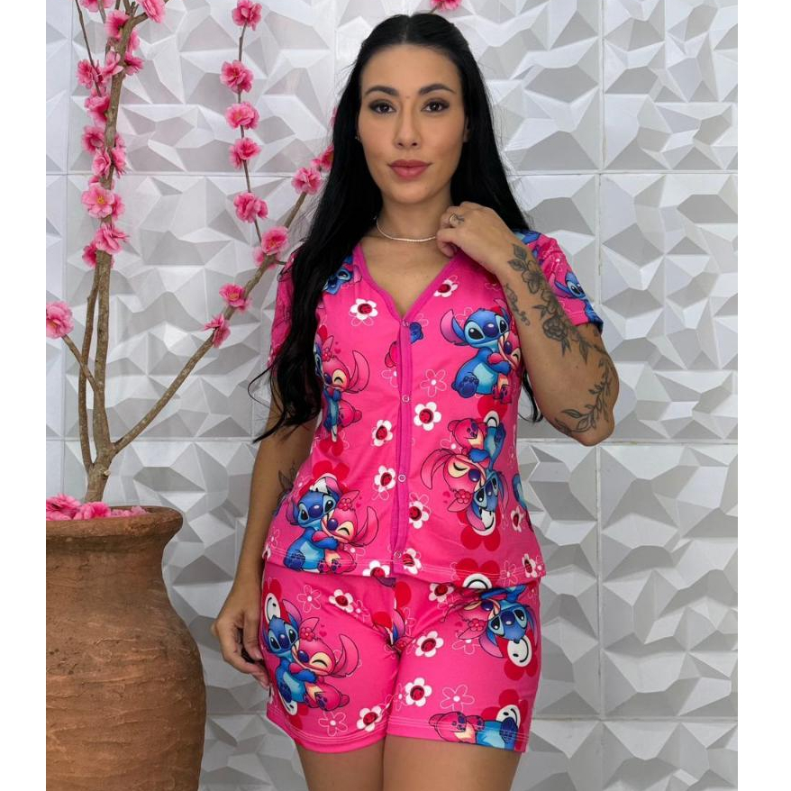 Pijama Com Botão Estampado Personagem Moda Lingerie Feminina Blogueirinha Fashion Para Dormir em Oferta na Shopee
