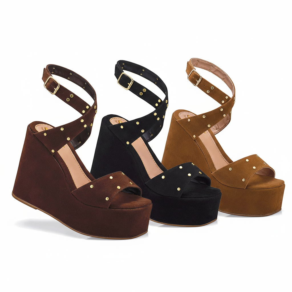 Sandália Anabela Feminina Shay Camurção Rebites Tachas Dourada Confortável