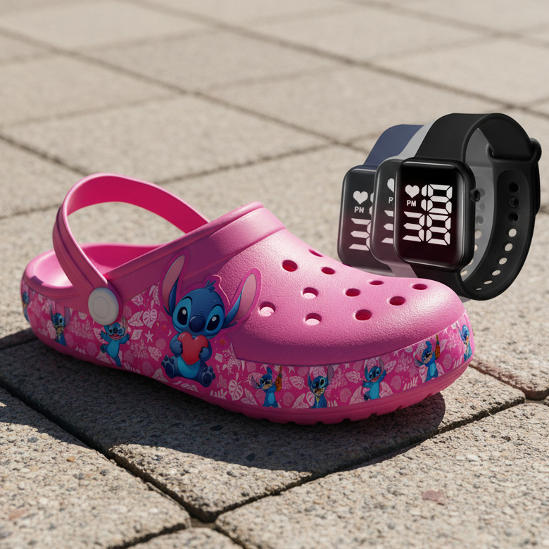 kit Babuche Max Infantil Menina Sandália chinelo Papete Desenhos + Relógio Digital: (cores sortidas)