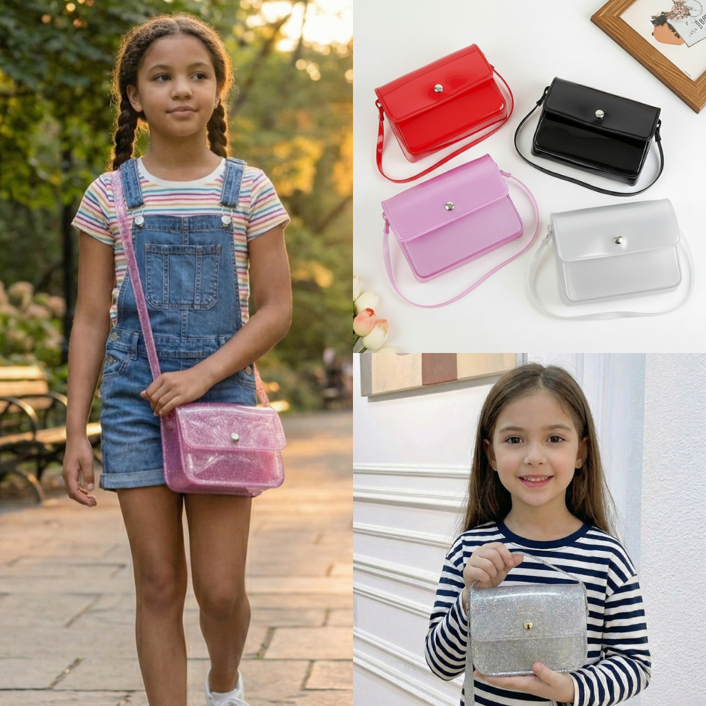 Bolsa Menina Infantil Retangular Design Moderno Tampa Fecho Prata Magnético