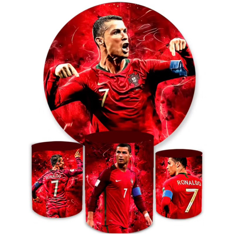 Kit Capa Painel Redondo Cristiano Cr7 + Capa Cilindro Decoração CR7 Veste Fácil Festa de aniversário